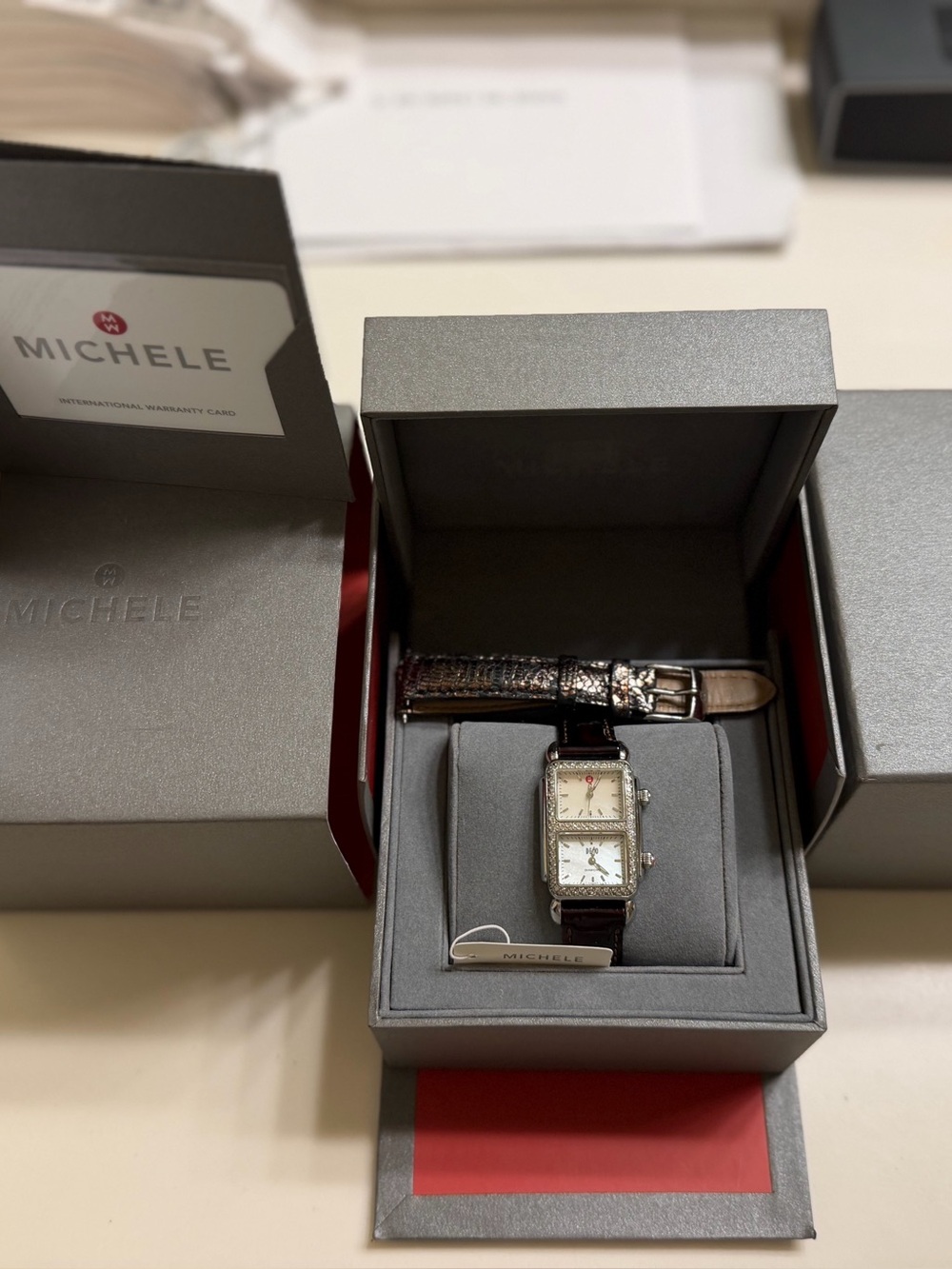 Michele Two-Tone Diamond Accent Rectangular Watch with Brown Croc Strap